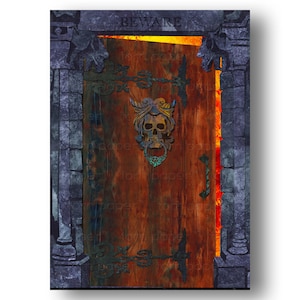 May include: A digital illustration of a weathered wooden door with a skull door knocker, set within a stone archway. The word "BEWARE" is above the door. The door is framed by a fiery glow, suggesting a fantasy or gothic theme.