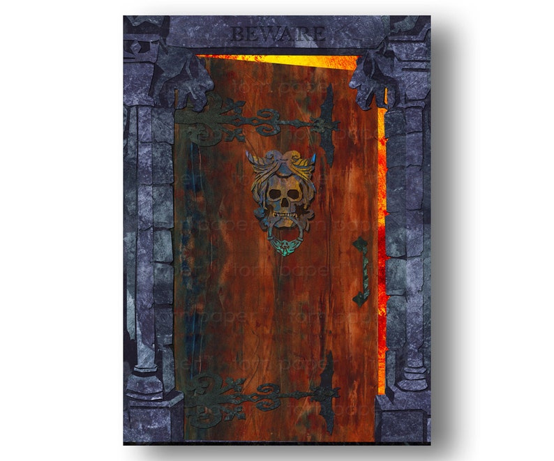 May include: A digital illustration of a weathered wooden door with a skull door knocker, set within a stone archway. The word "BEWARE" is above the door. The door is framed by a fiery glow, suggesting a fantasy or gothic theme.