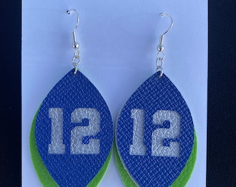 Seattle 12 Faux Leather Earrings, Handmade Football Dangle Earrings