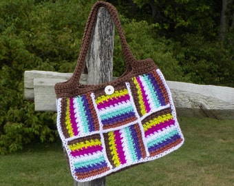 Crochet Bag Pattern, Patchwork Tote Bag, Purse, Tote, Handbag, Retro, Vintage, Stripes, Crochet