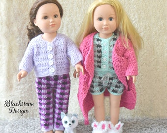 Crochet Doll Clothes Pattern, Plaid Pajamas Set, Clothes for 18 inch Doll, Crochet Bunny Slippers, Crochet Plaid Pattern, Crochet Pajamas