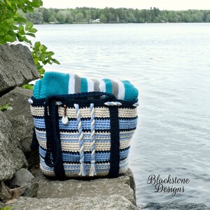 Crochet Tote Pattern, Monhegan Beach Tote, Beach, Lake, Travel, Yarn, Tote, Bag, Grocery Bag, Project Bag, Stripes