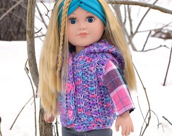 Crochet Vest Pattern, Sunkissed Hooded Vest DOLL, Winter, Fall, Spring, Snow, Cold, Sweater, Vest, Hooded, Ribbed, 18" Doll, Doll Clothes