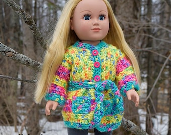 Crochet Cardigan Pattern, Goody Gumdrops Coatigan DOLL, Winter, Fall, Spring, Snow, Cold, Sweater, Cardigan, Ribbed, 18" Doll, Doll Clothes