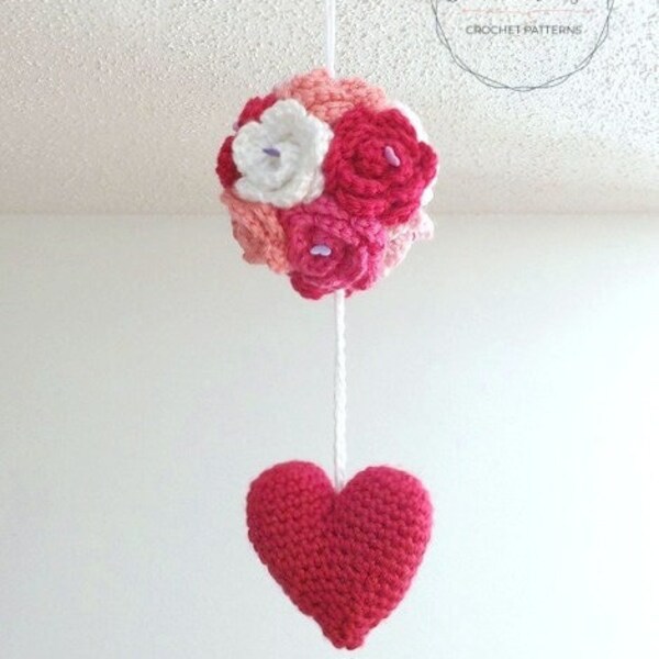 Crochet Decor Pattern, Kissing Ball Hanger, Valentine Decor, Christmas Decor, Holiday Decor, Crochet Roses, Crochet Heart