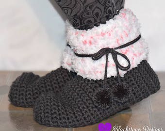 Crochet Slippers Pattern, Funfetti Sloots ADULT, Winter, Fall, Snow, Slippers, House Shoes, Fur Trimmed, Faux Fur, Roll Cuff, Pom Poms