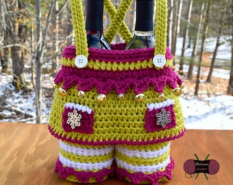 Crochet Pattern: Elf Girl Gift Basket, Crochet Basket Pattern, Christmas, Tote, Wine, Holiday Party, Hostess, Christmas Eve, Santa's Helper