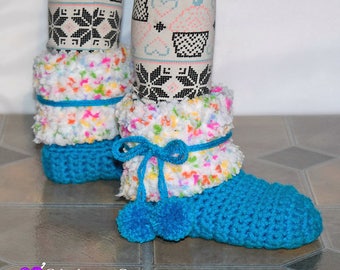 Crochet Slippers Pattern, Funfetti Sloots CHILD, Winter, Fall, Snow, Slippers, Furry, Fur Trimmed, Faux Fur, Roll Cuff, Pom Poms