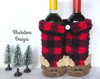 Crochet Basket Pattern, Plaid Pajama Pants Gift Basket, Crochet Wine Tote, Crochet Wine Bag, Crochet Christmas Gift, Plaid Crochet Pattern