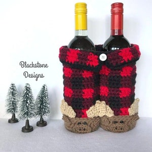 Crochet Basket Pattern, Plaid Pajama Pants Gift Basket, Crochet Wine Tote, Crochet Wine Bag, Crochet Christmas Gift, Plaid Crochet Pattern