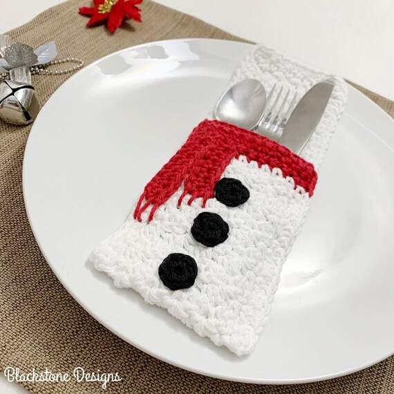 Crochet Pouch Pattern Snowman Belly Flatware Holder Christmas Dinner Cutlery Holder Silverware Holder Table Decor Table Setting