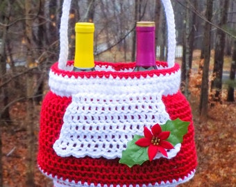 Crochet Basket Pattern, Mrs. Claus Gift Basket, Christmas, Tote, Wine, Holiday Party, Gift, Hostess, Hot Cocoa, Christmas Eve, Santa