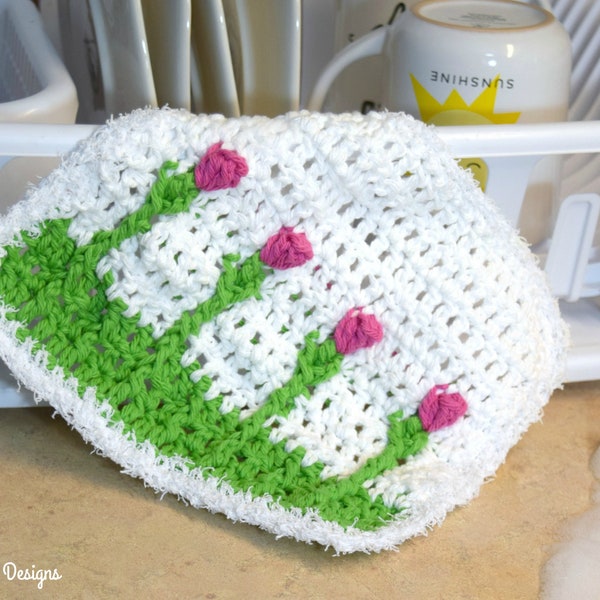 Crochet Washcloth Pattern, Spring Tulips Washcloth, Dishcloth, Crochet Pattern, Spring Cleaning