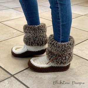 Crochet Slippers Pattern for Snowshoe Moccasins ADULT sizes, Crochet House Shoes, Crochet Boots, Fur Cuff Slippers