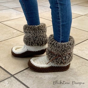 Crochet Slippers Pattern for Snowshoe Slippers ADULT sizes, Crochet House Shoes, Crochet Boots, Fur Cuff Slippers