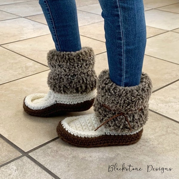 Crochet Slippers Pattern for Snowshoe Moccasins ADULT sizes, Crochet House Shoes, Crochet Boots, Fur Cuff Slippers