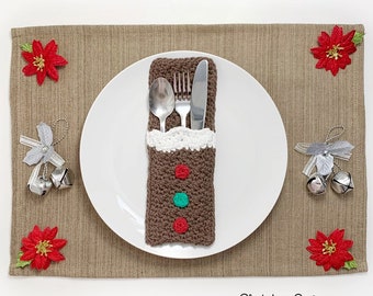 Crochet Pouch Pattern, Gingerbread Belly Flatware Holder, Christmas Dinner, Cutlery, Silverware, Gingerbread Man, Pocket, Pouch