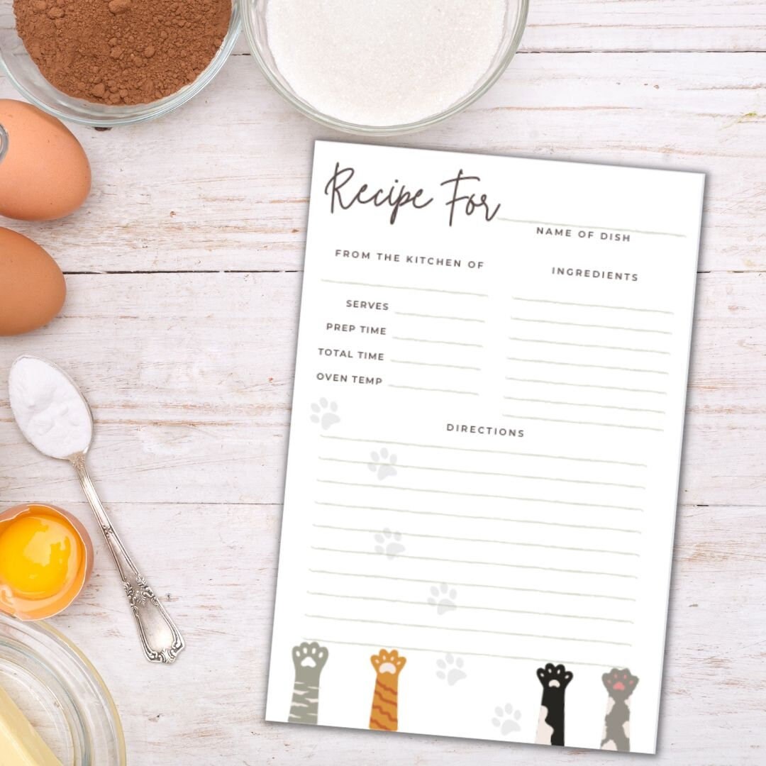 Printable Recipe Cards, Cat Paw Recipe Cards, Vertical Recipe Cards in ...