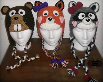 Crochet Pattern: Woodland Animal Earflap Hats, Crochet Hat Patterns for Raccoon, Fox,, Beaver, Skunk, Crochet Hat, Crochet Woodland Animals