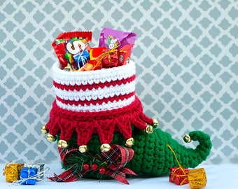 Crochet Pattern: Elf Shoe Basket, Crochet Basket Pattern, Gift, Christmas, Basket, Decor, Candy, Yule, Candy, Stocking, Santa&#39;s Helper