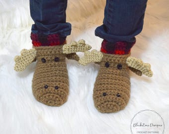 Crochet Slippers Pattern for Moose Slippers CHILD sizes, Crochet Moose Pattern, Crochet Buffalo Plaid Pattern