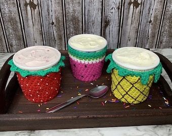 Crochet Cozy Pattern, Fruity Ice Cream Cozies, Ice Cream Holder, Pint of Ice Cream, Ice Cream Cover, Frozen Yogurt Cozy