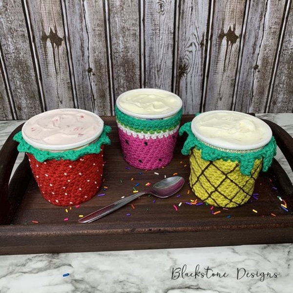 Crochet Cozy Pattern, Fruity Ice Cream Cozies, Ice Cream Holder, Pint of Ice Cream, Ice Cream Cover, Frozen Yogurt Cozy