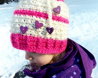 Crochet Beanie Pattern, Floating Hearts Convertible Beanie, Winter, Fall, Snow, Slouchy, Hat, Textured, Child, Adult, Knit Like, Faux Knit