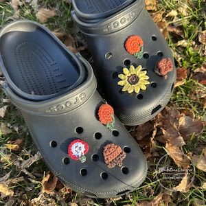 May include: Pair of black Crocs shoes adorned with crochet charms. The charms depict a sunflower, a pumpkin, an apple, and a leaf. The shoes rest on a bed of dried leaves and grass.