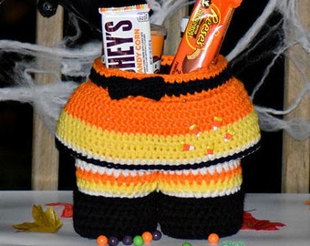 Crochet Pattern: Candy Corn Witch Gift Basket, Crochet Basket Pattern, Tote, Wine, Hot Cocoa, Gift, Halloween, Trick or Treat, Bag, Basket