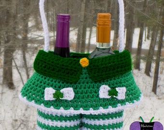 Crochet Basket Pattern, Lady Leprechaun Gift Basket, St. Patrick's Day, Tote, Wine, Holiday Party, Gift, Hostess, Pub, Irish