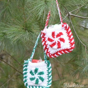 May include: Two crocheted candy cane gift bags hanging from a pine tree branch. The bags are white with red and green stripes and a candy cane design in the center. The bags are perfect for small gifts or treats.