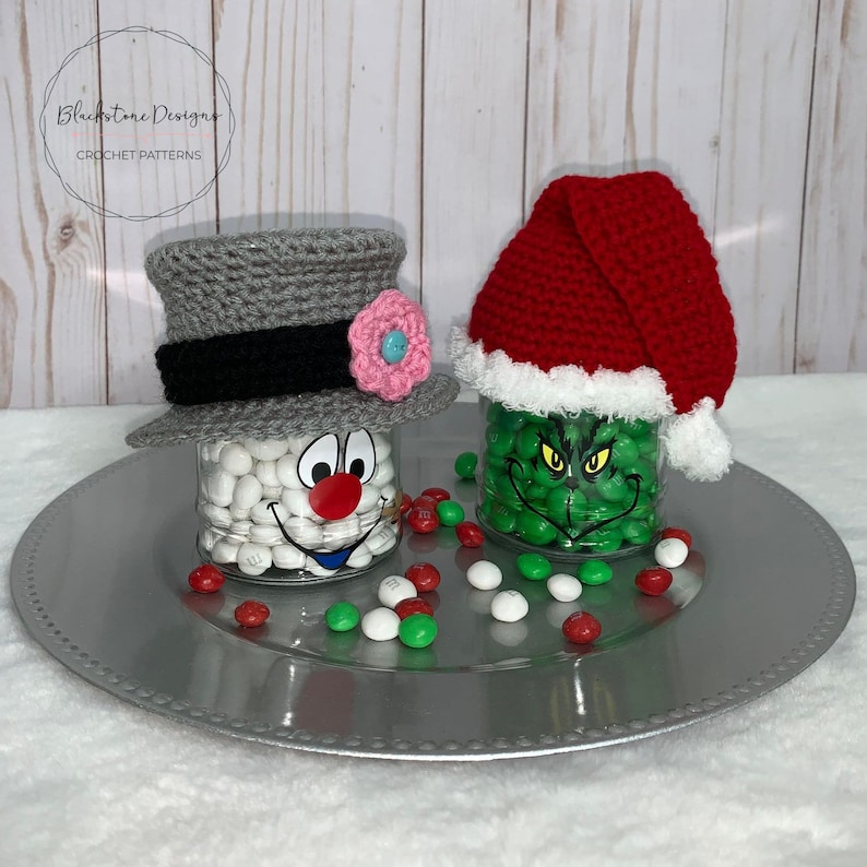 Crochet Hat Pattern, Dollar Store Jar Hats, Crochet Hats for Glass Jars, Crochet Jar Cozies, Glass Jar Crafts, Santa Hat, Top Hat, Toque image 2