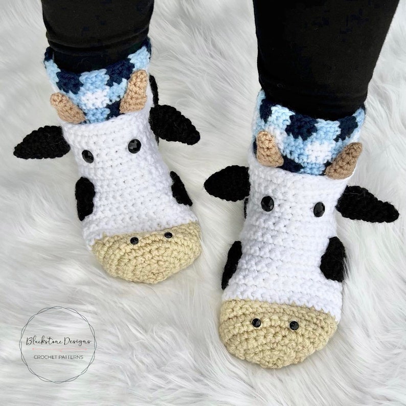 Crochet Slippers Pattern for Cow Slippers ADULT size, Crochet Cow Patterns, Adult Slippers Crochet Pattern image 2