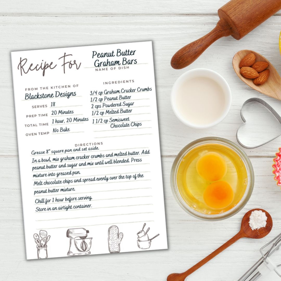 Printable Recipe Cards, Baking Themed Recipe Cards, Vertical Recipe ...
