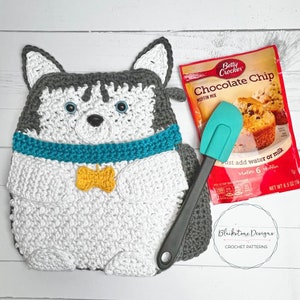 Crochet Pot Holder Pattern, Siberian Husky Pot Holder, Puppy Dog Pot Holder, crochet pot holder with pocket, Crochet Husky Pattern