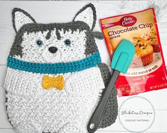 Crochet Pot Holder Pattern, Siberian Husky Pot Holder, Puppy Dog Pot Holder, crochet pot holder with pocket, Crochet Husky Pattern