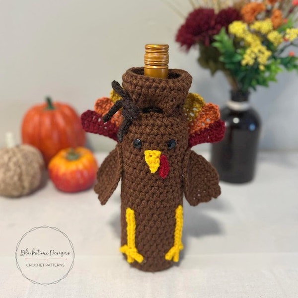 Crochet Turkey Pattern, Turkey Bottle Cozy Crochet Pattern, Crochet Pattern for Thanksgiving, Wine Lover Gift, Wine Bottle Bag