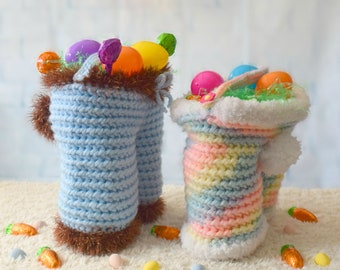 Crochet Basket Pattern, Funny Bunny Pants Gift Basket, Tote, Wine, Coffee, Tea, Easter, Easter Basket, Bag, Basket, Egg Hunt