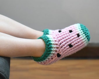 Crochet Pattern: Watermelon Chunky Slippers CHILD, Crochet Slippers Pattern, House Shoes, Slouch Cuff, Ribbed Slippers