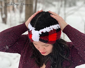 Crochet Earmuff Pattern, Fur Lined Plaid Ear Warmer, Headwrap, Headband, Fall Accessory, Winter Accessory, Plaid, Buffalo Plaid