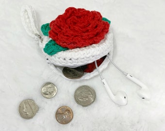 Crochet Pouch Pattern, Rose Coin Purse, Coin pouch, Round wallet, key holder, earbud case, mini wallet