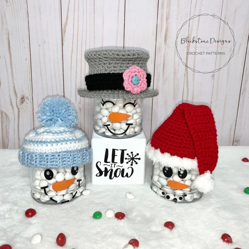 Crochet Hat Pattern, Dollar Store Jar Hats, Crochet Hats for Glass Jars, Crochet Jar Cozies, Glass Jar Crafts, Santa Hat, Top Hat, Toque image 1