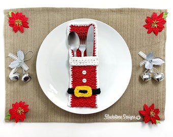 Crochet Pouch Pattern, Santa Belly Flatware Holder, Christmas Dinner, Santa Claus, Flatware Pouch, Silverware Holder, Place Setting