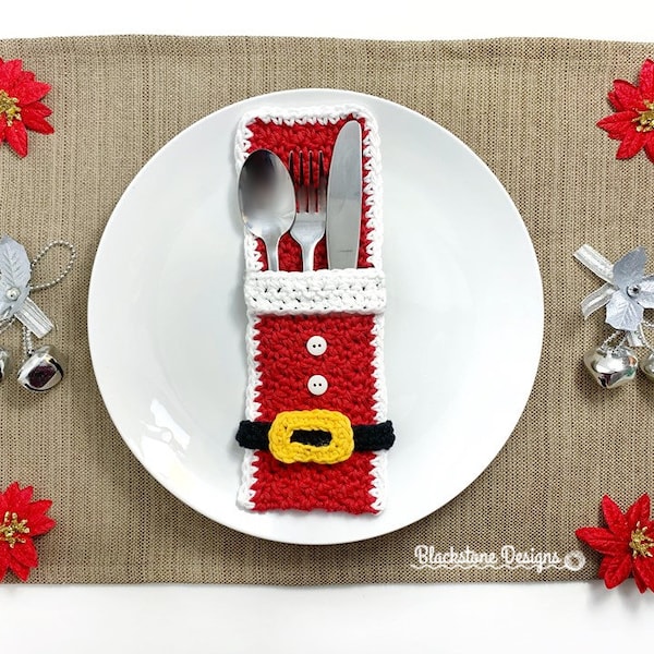 Crochet Pouch Pattern, Santa Belly Flatware Holder, Christmas Dinner, Santa Claus, Flatware Pouch, Silverware Holder, Place Setting
