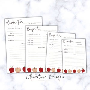 Printable Recipe Cards, Apple Themed Recipe Cards, Vertical Recipe Cards in Multiple Sizes, DIY ...