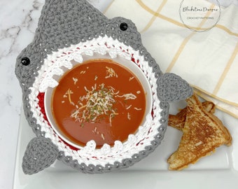 Crochet Bowl Cozy Pattern, Shark Soup Bowl Cozy, Crochet Pattern Soup Bowl Cozy, Crochet Shark Pattern, Bowl Insulation, Bowl Protector