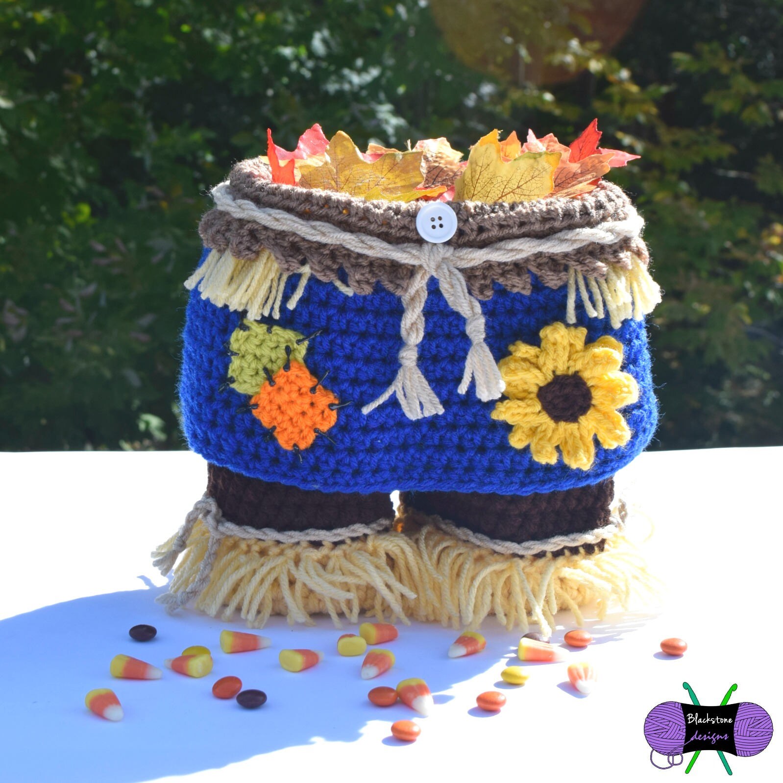 Crochet Basket Pattern, Lady Scarecrow Gift Basket, Halloween, Thanksgiving, Tote, Wine, Holiday Party, Hostess, Hot Cocoa, Coffee