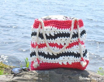 Crochet Bag Pattern, Double Waves Beach Bag, Beach, Lake, Travel, Yarn, Tote, Bag, Grocery Bag, Project Bag, Stripes
