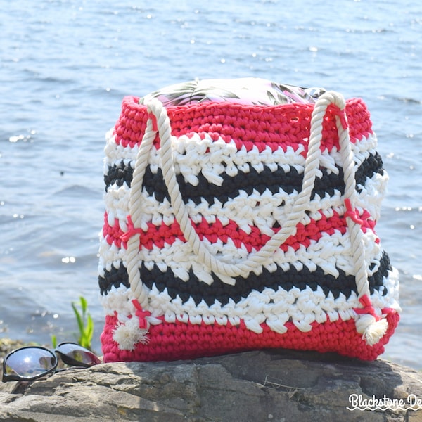 Crochet Bag Pattern, Double Waves Beach Bag, Beach, Lake, Travel, Yarn, Tote, Bag, Grocery Bag, Project Bag, Stripes